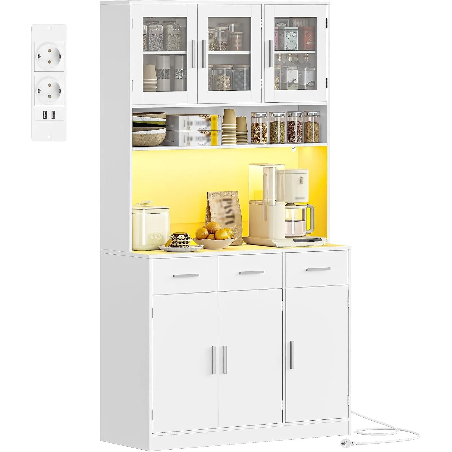 Hzuaneri Buffetschrank, Küchenschrank mit 3 Schubladen, Hochschrank | mit Steckdosenleiste und LED, 3 Schranktüren mit …
