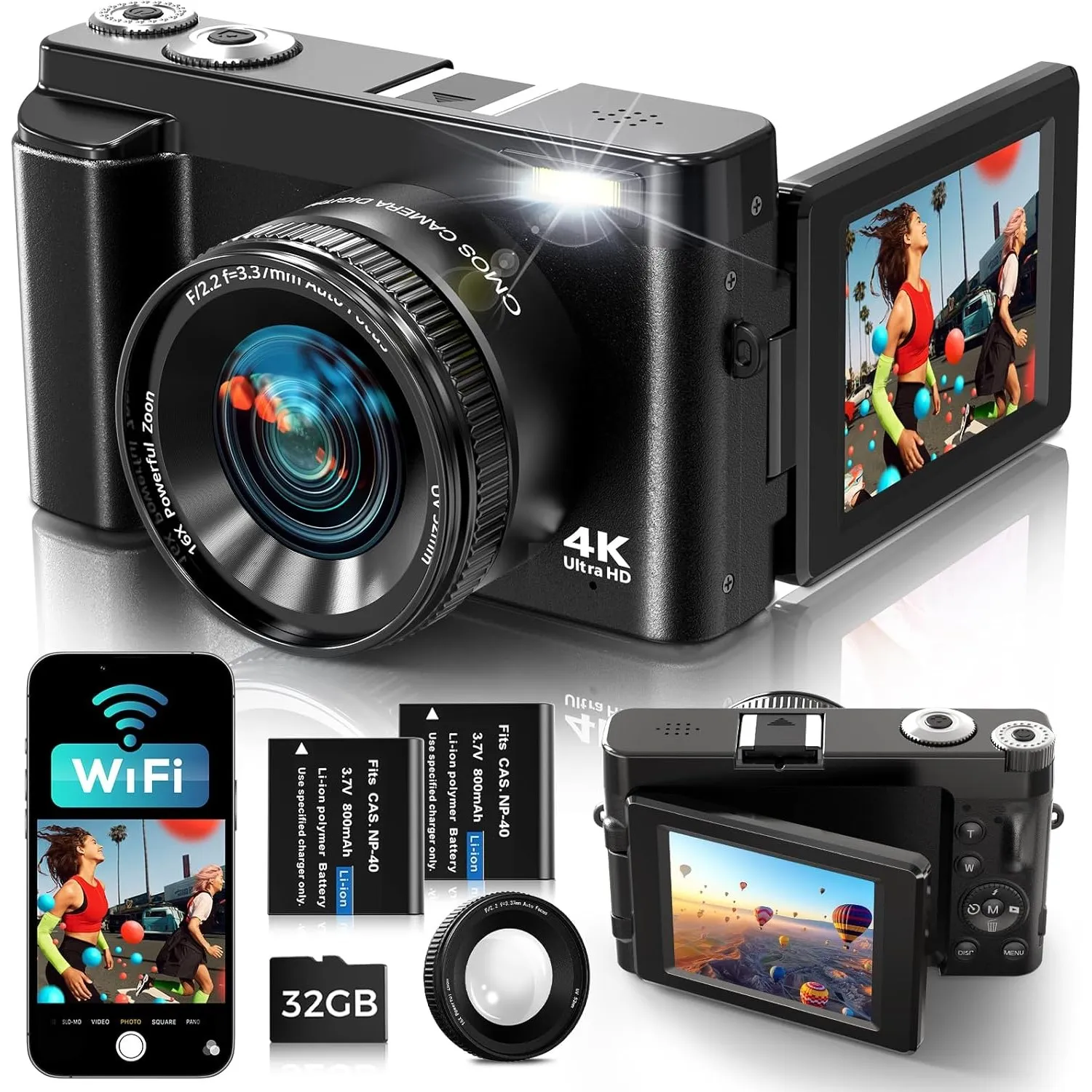 Digitalkamera 4K mit WiFi 64MP Kompakte Digitalkamera mit 3" 180° Flip-Bildschirm, 32GB Karte, 2 Akkus, 16X Digitalzoom…