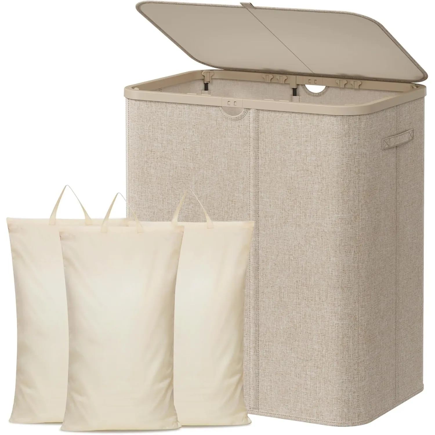 Lifewit 165L Wäschekorb mit Deckel und 3 Fächern, Beige