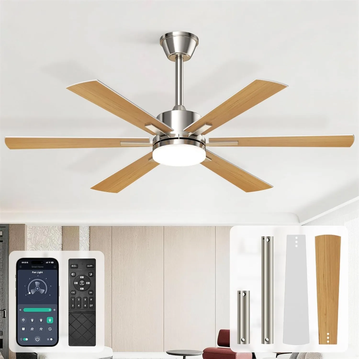 EppieBasic Deckenventilator mit Beleuchtung Decke: 132cm Ceiling Fan Leiser DC-Motor mit Fernbedienung/APP-Steuerung - …