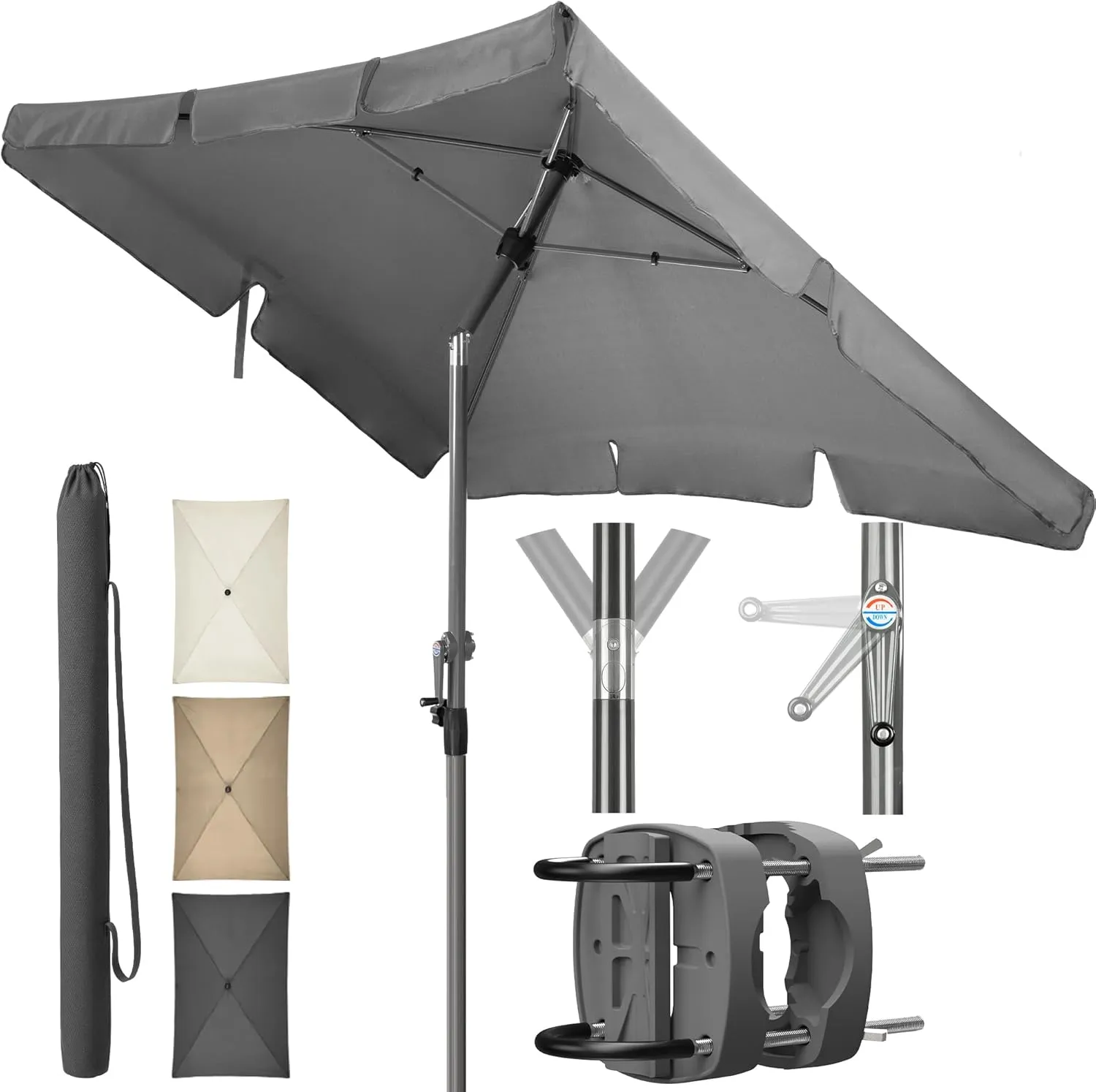 4smile 200 x 125 cm Parasol 3-in-1 Set, Anthracite, UV50+ Parasol + Parasol Holder + Protective Cover