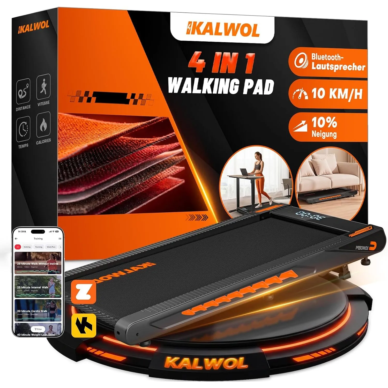 Walking Pad mit Bluetooth Lautsprecher, 4 in 1 10km/h Laufband für Zuhause mit 10% Steigung, 2,75 HP bürstenloser Tread…