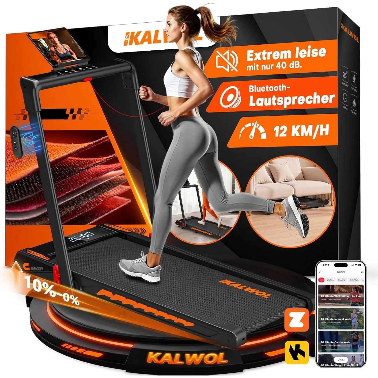 Laufband für Zuhause mit Bluetooth Lautsprecher, 6 in 1 12km/h Walking Pad Laufband mit 10% Steigung, 3.0 HP Bürstenlos…