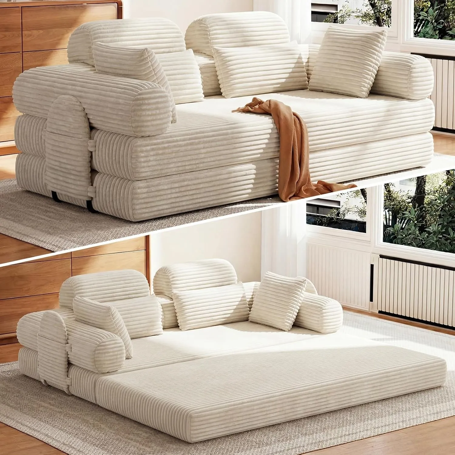 HOMRELEXA Schlafsofa 200cm Breit, Cord Boneless Couch mit Hohe Rückenlehne