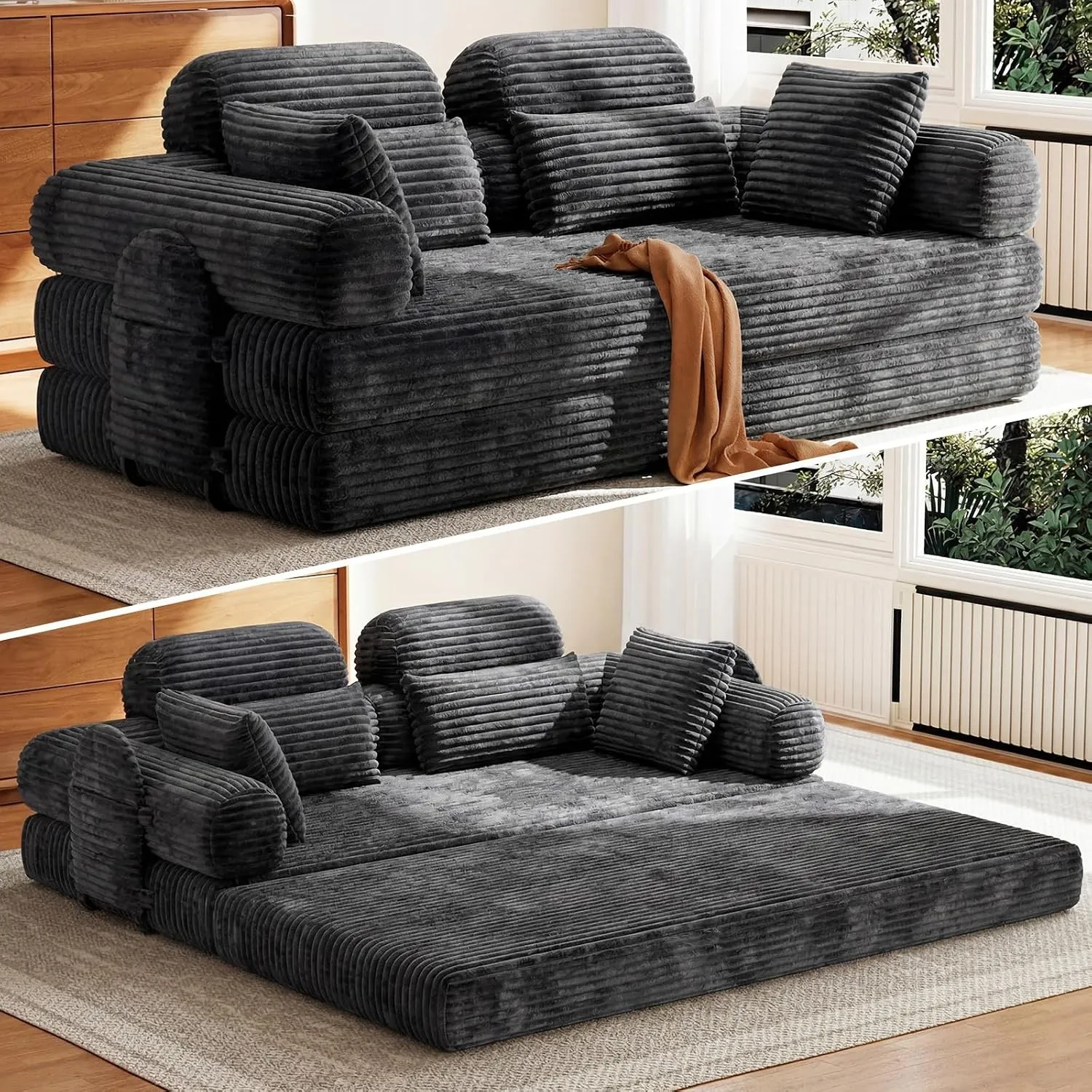 HOMRELEXA Schlafsofa 200cm Breit, Boneless Couch, Bodensofa Bed mit Hohe Rückenlehne, Abnehmbare Integrierte Kopf- und …