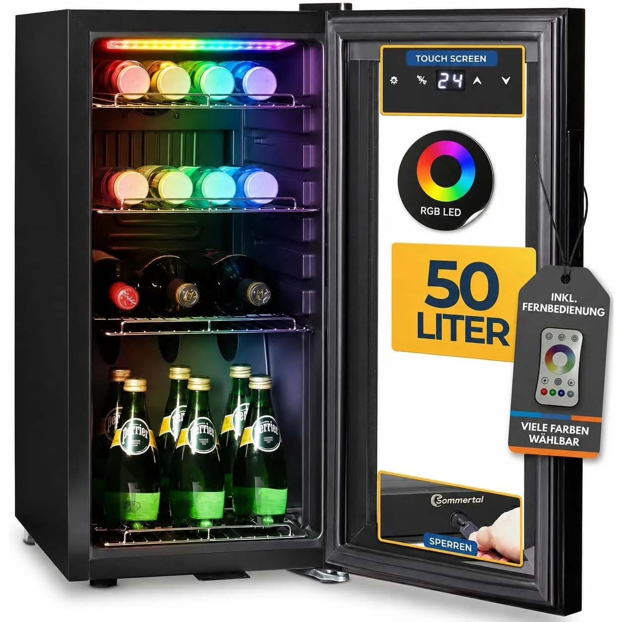 Sommertal GK50 Getränkekühlschrank 50L | RGB LED, Glastür, Touchscreen | Leiser Flaschenkühlschrank Schwarz mit Schloss…