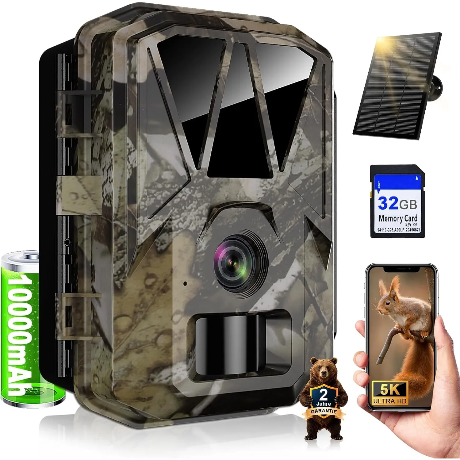 Solar Wildkamera 5K/64MP WLAN, mit 10000mAh Wiederaufladbarem Akku