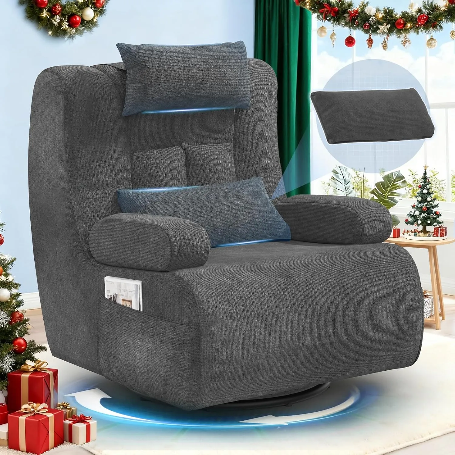 Relaxing Chair, TV Chair with Headrest, Back Cushion, 2 Side Pockets, 360° Swivel Chair, Modern Oversized Lounge Chair …