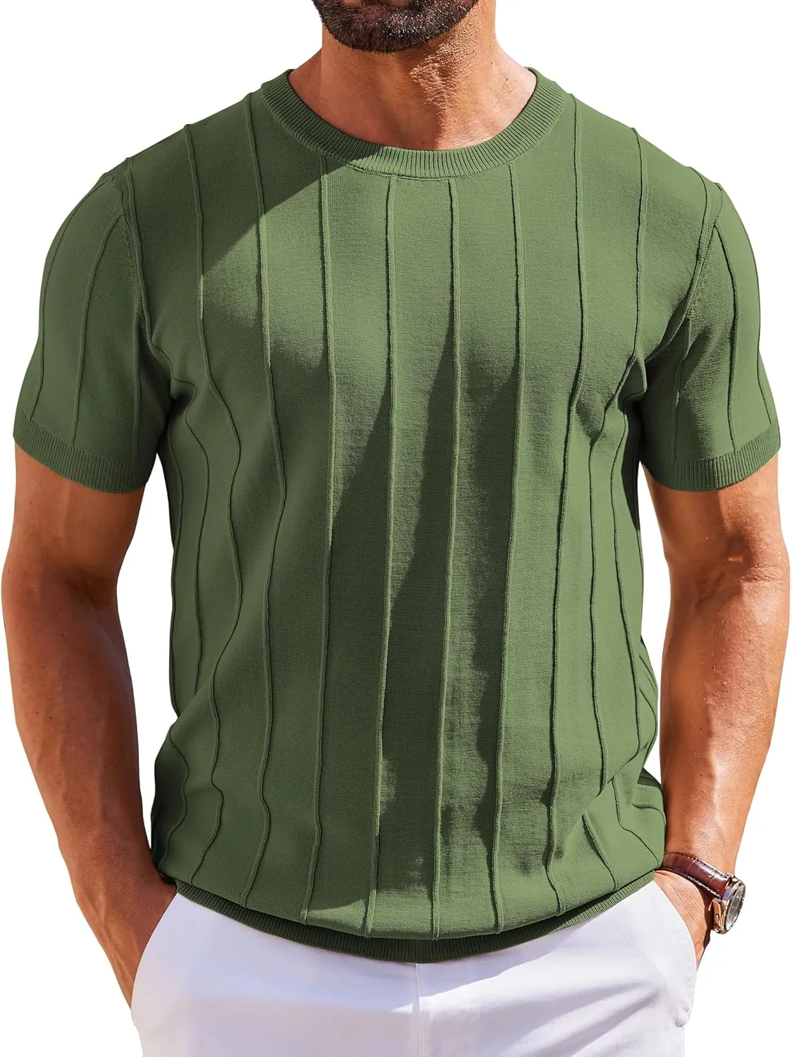 COOFANDY Men's Short Sleeve Original Knitted Shirt with Crew Neck Summer Shirt Casual Striped Knitted Shirt