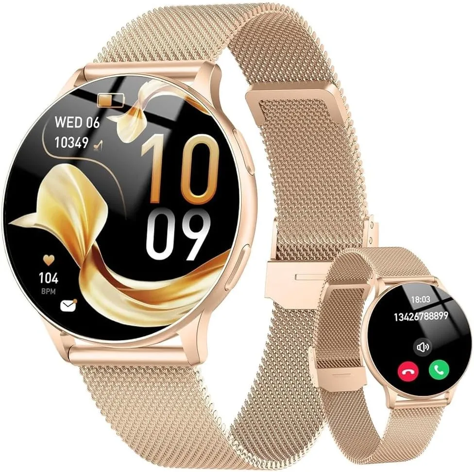 Smartwatch Damen, 1.32" AMOLED Smart Watch Telefonfunktion, Herzfrequenz Schlafmonitor SpO2 Schrittzähler Uhr Damen, 12…