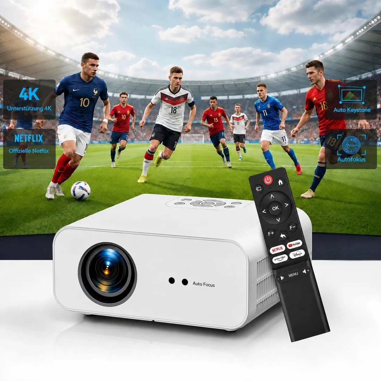 Beamer 4K【Offiziell lizenzierte App】 1300 ANSI Autofokus & 6D Trapezkorrektur Smart Projektor Heimkino, ZOOMCAT 1080P F…