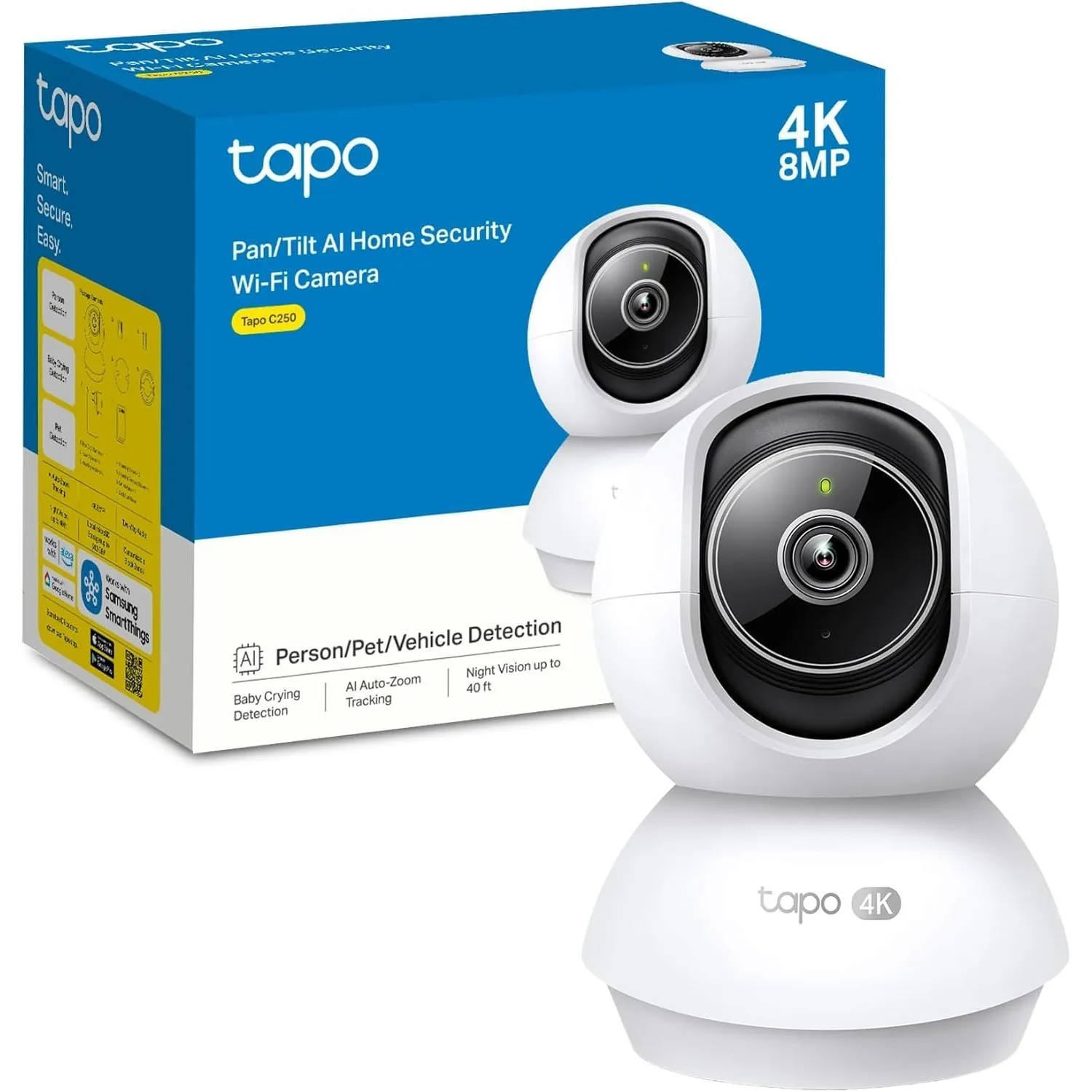 Tapo C250 4K Überwachungskamera Innen 360°, Lokale KI-Erkennung & Bewegungsverfolgung mit Zoom, IR-Nachtsicht, Privatsp…