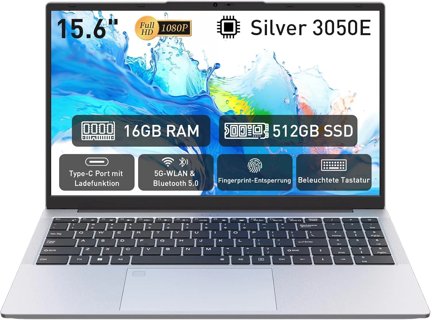 Auusda Laptop 15.6 Zoll, 16GB DDR4 512GB SSD, Dual-Core 3050E (bis zu 2.80 GHz), Notebook Mit Fingerabdrucksensor, Illu…