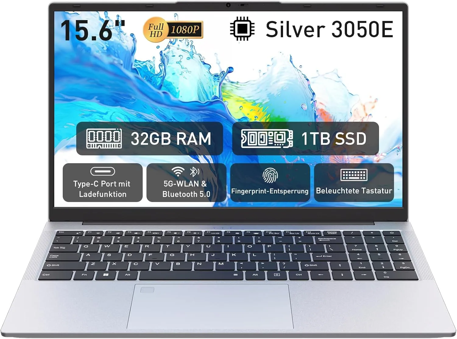 Auusda Laptop 15,6 Zoll, Notebook mit 32GB RAM 1TB SSD, Fingerabdrucksensor, beleuchtete Tastatur, 3050E Prozessor, Zif…