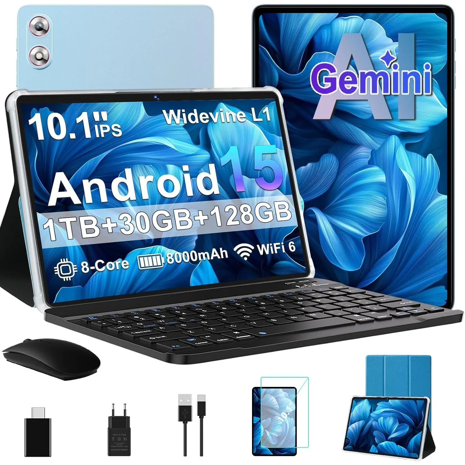 Tablet Android 15 10,1 Zoll,Gaming Tablet Gemini AI 30GB+128GB+(2TB), Blau