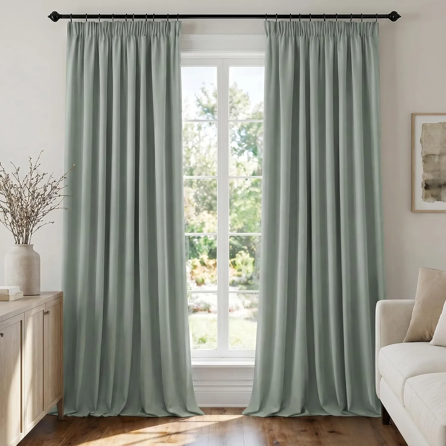 Deconovo Vorhänge Wohnzimmer Blickdicht mit Kräuselband Gardinen Salbeigrün | 2er Set, H 290 x B 140 cm, Vorhang Schien…