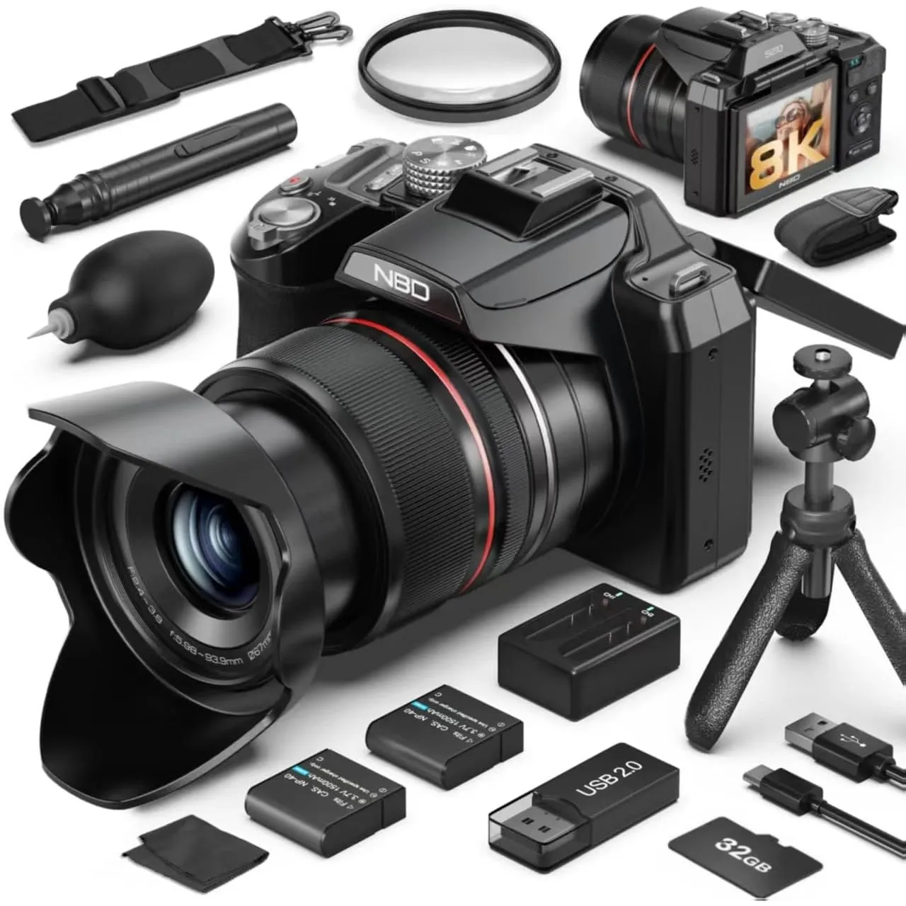 8K & 64MP Digitalkamera für Fotografie, 48X Zoom (16X Optisch + 3X Digital) mit Mondmodus, 180° Klappdisplay, WLAN, Mic…