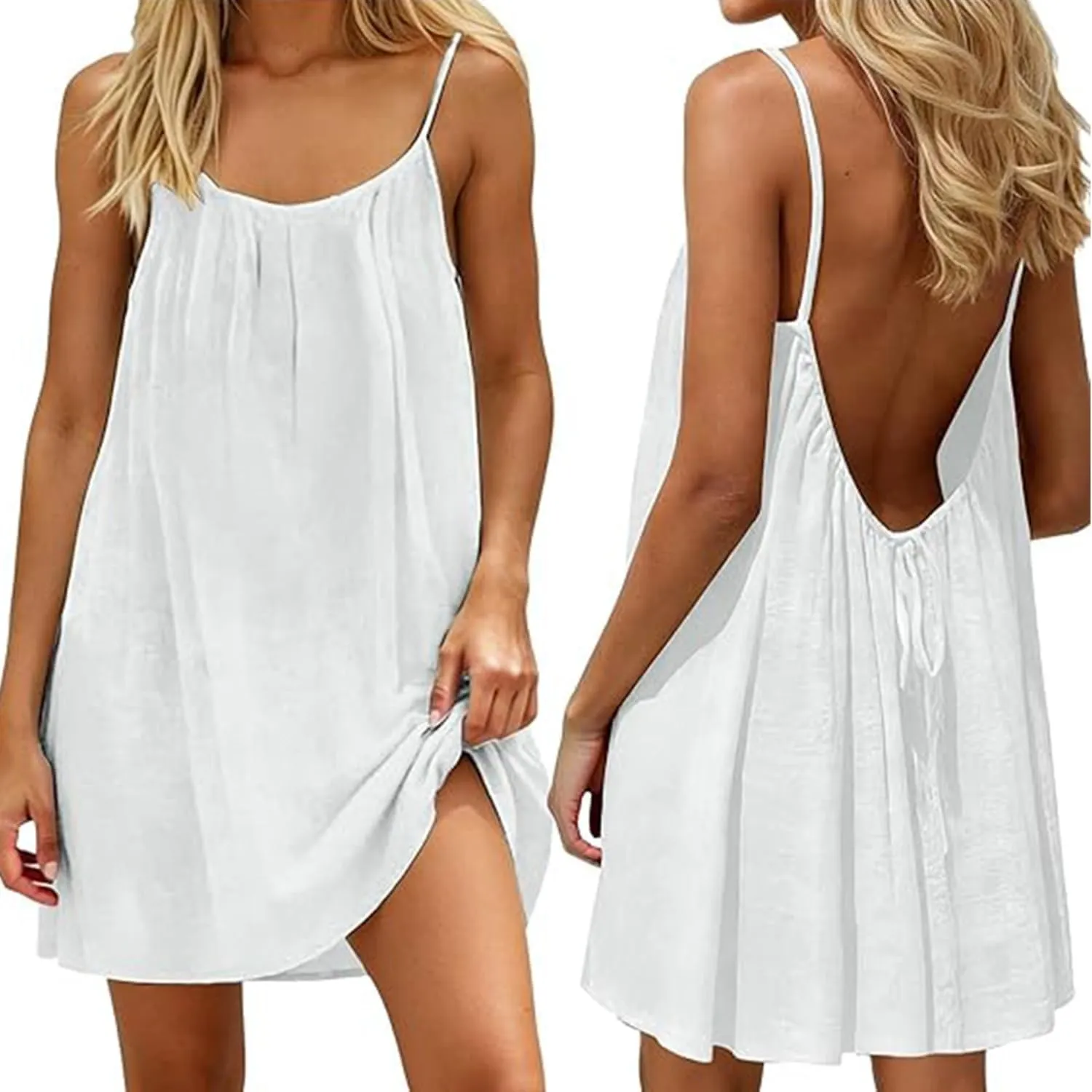 Sommerkleid Damen Midi Rückenfrei Leinen Strand Spaghettiträger | Bequemes Design mit Kordelzug, Ideal für Lounge, Urla…