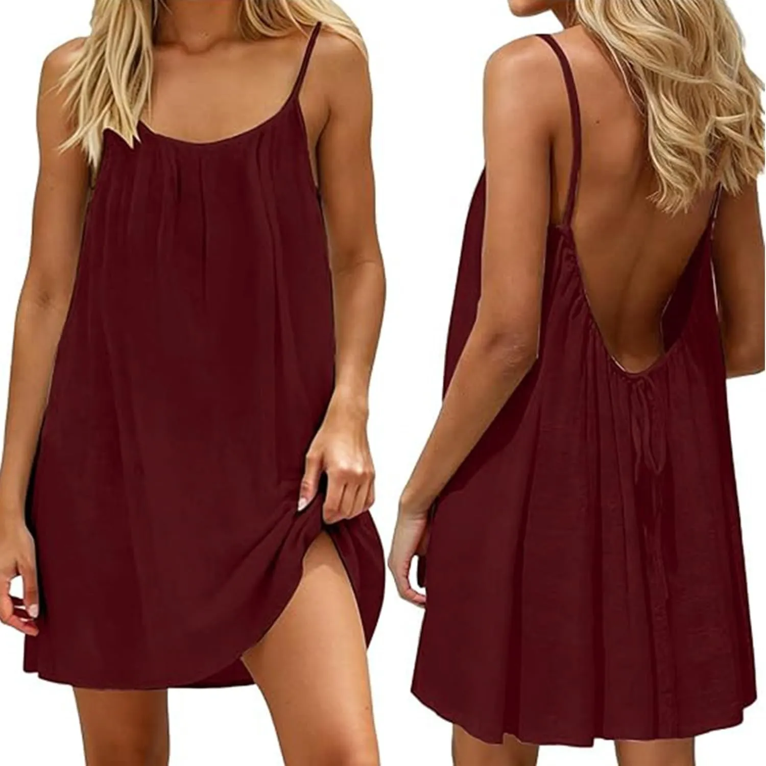 Sommerkleid Damen Midi Rückenfrei Leinen Strand Spaghettiträger | Bequemes Design mit Kordelzug, Ideal für Lounge, Urla…