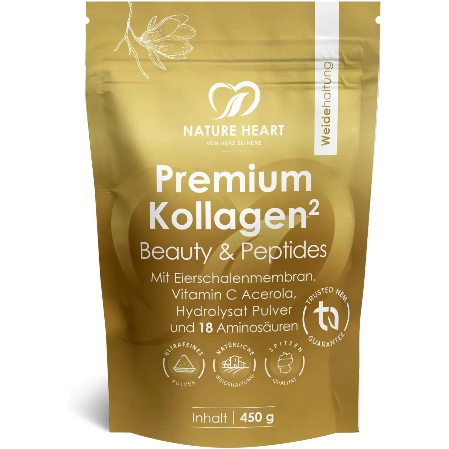 Nature Heart Premium Kollagen Peptides Pulver 450g – aus Weidehaltung – geschmacksneutral, löslich mit Acerola und über…