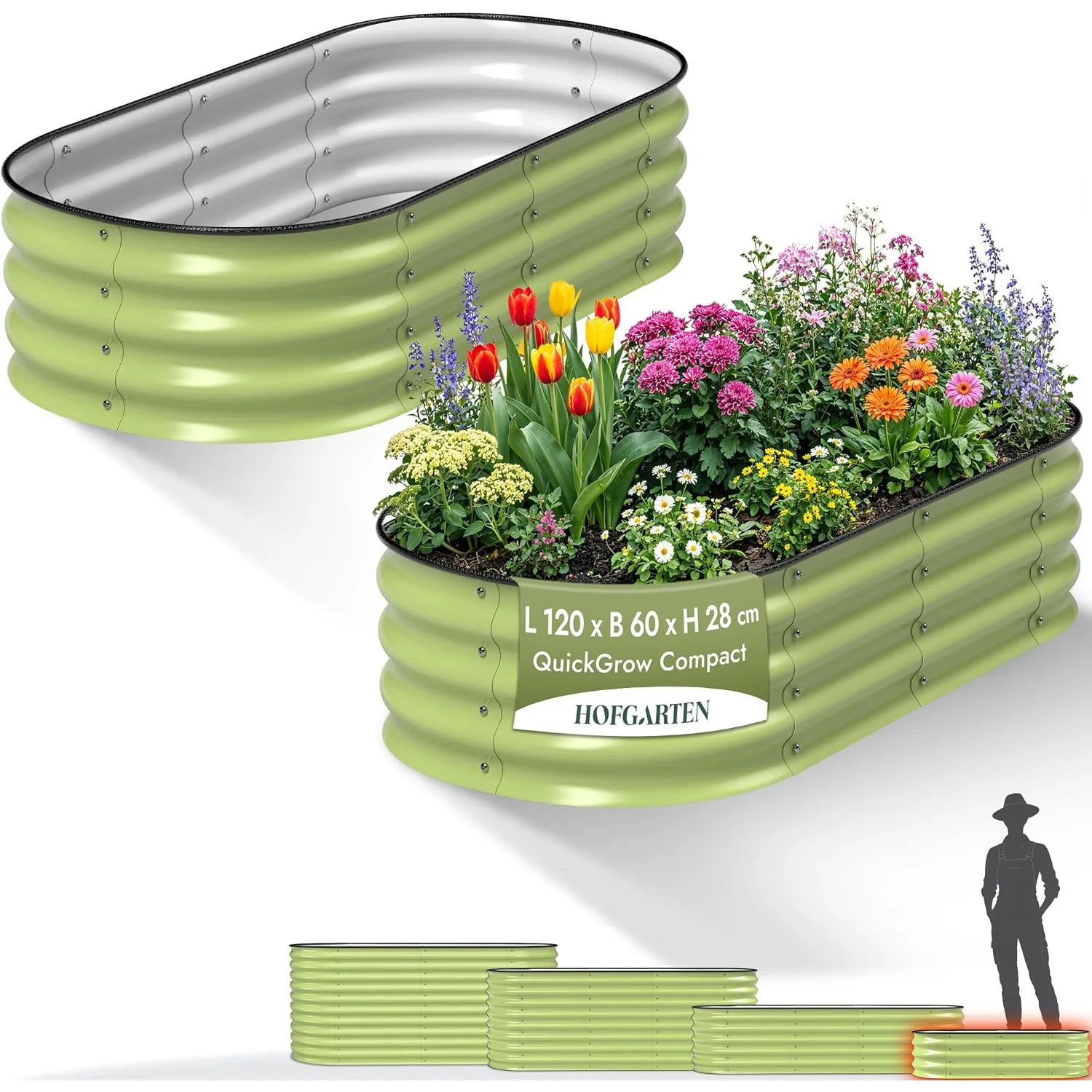 HOFGARTEN Hochbeete für Garten aus Metall 120x60x28 cm, 2er Set, Salbei