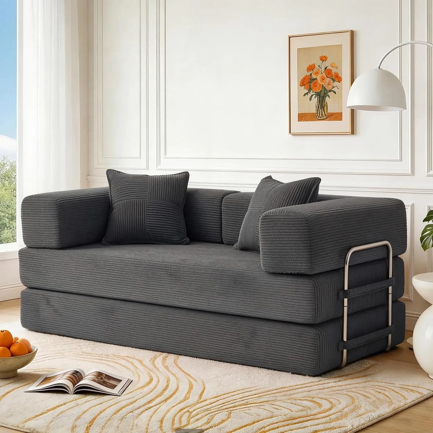 Vipbear Rahmenloses Schlafsofa, 160 cm, mit Schaumstoff und Federn, für Wohnzimmer, Grau | Knochenloser Abschnitt