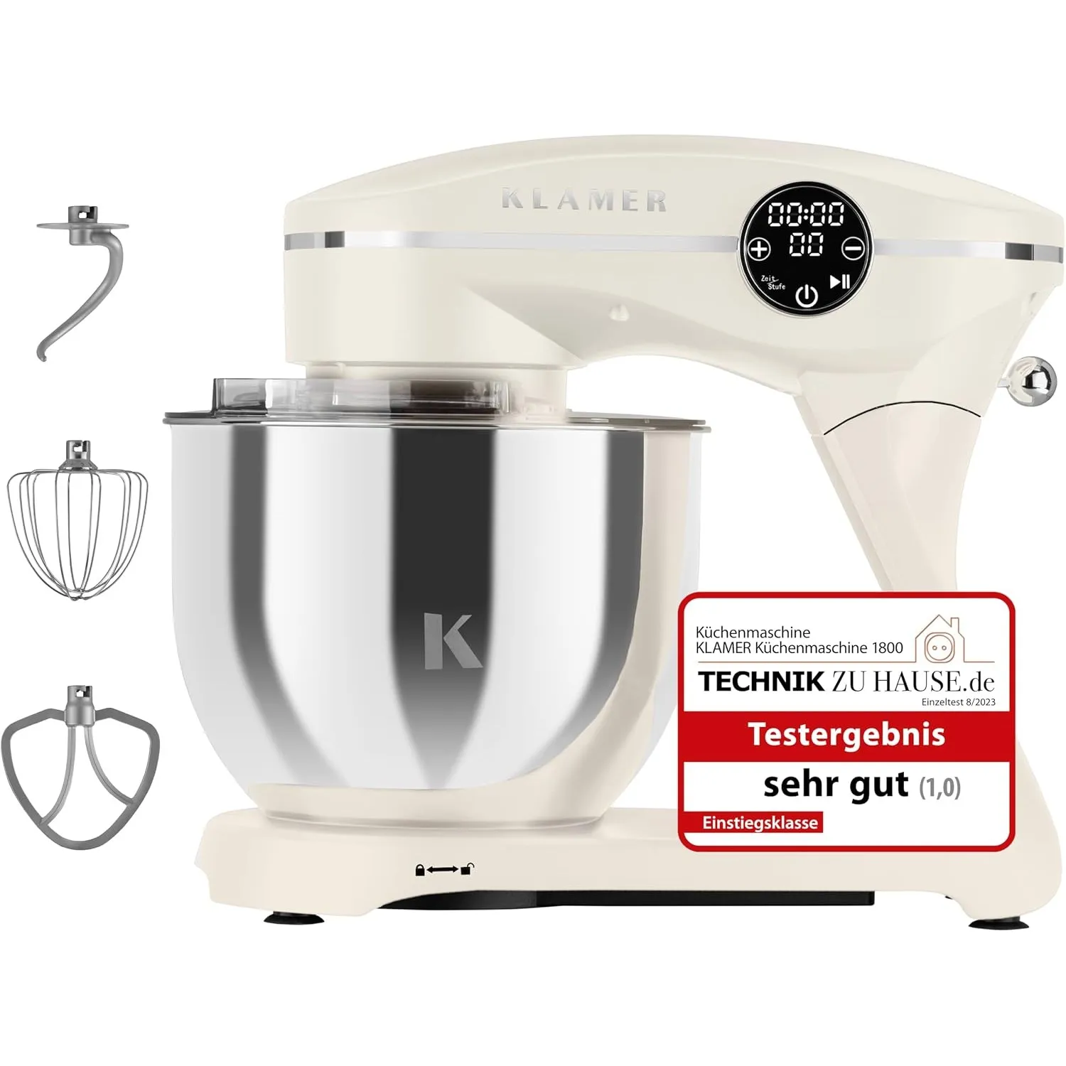 KLAMER Küchenmaschine 1800W, Knetmaschine Brotteig mit 6L Edelstahlschüssel