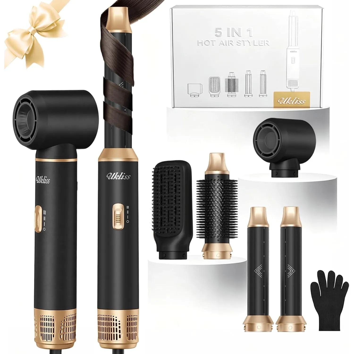 UKLISS Air Styler 5 in 1 Hairstyler Föhnbürste [mit Air Lockenstab],Schwarz