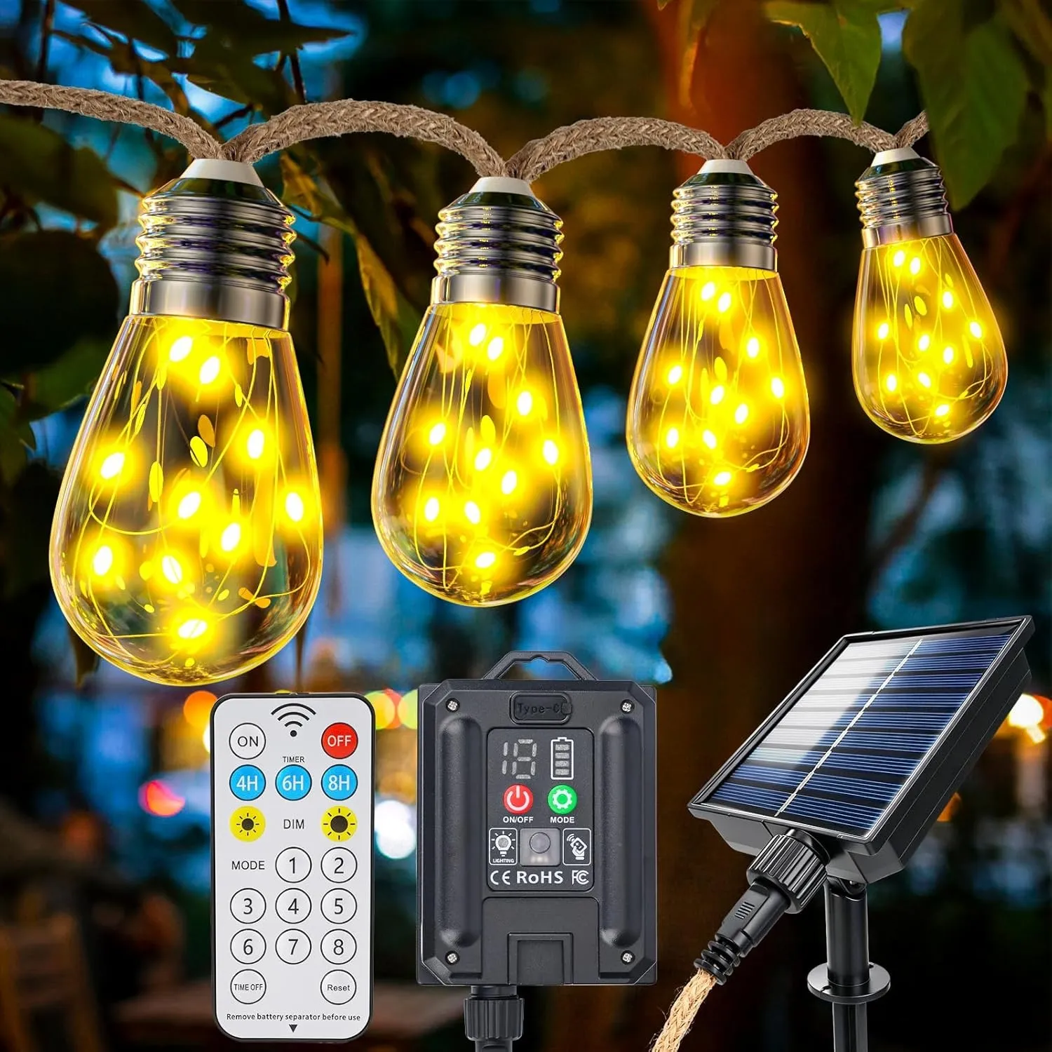 Solar Lichterkette Aussen Mit 20 Glühbirnen IP65, 8 Modi Solar Lichterkette Außen Wetterfest Warmweiß, Vintage Solarlic…