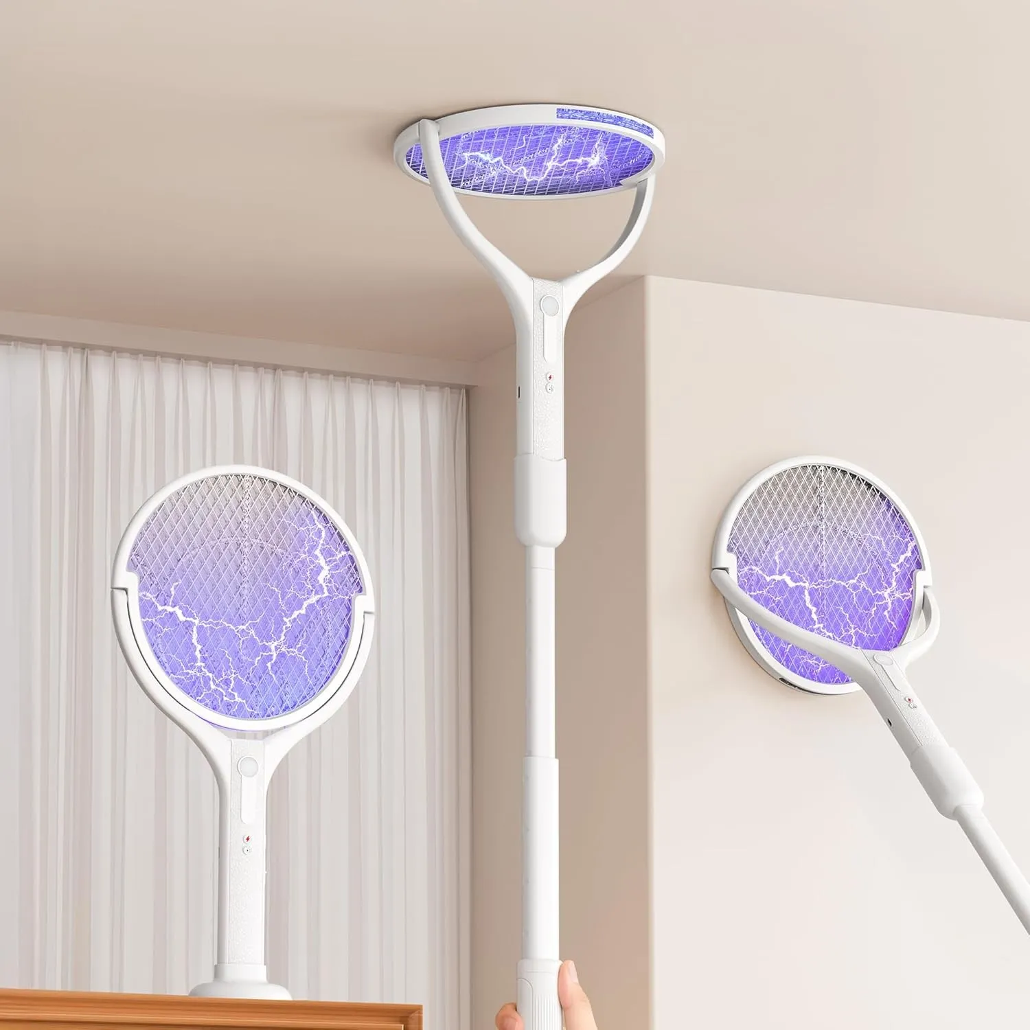 Elektrische Fliegenklatsche Extra Stark 4000V mit Ausziehbarer Verlängerungsstange & Drehkopf, 1800mAh 2 in 1 Elektro M…