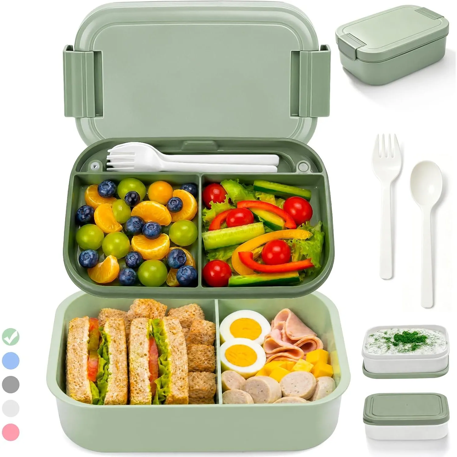 BIBURY Brotdose mit Fächern Erwachsene 1600 ML, Auslaufsicher, BPA-Frei, Lunchbox Erwachsene mit Besteck und 2 Saucenbo…