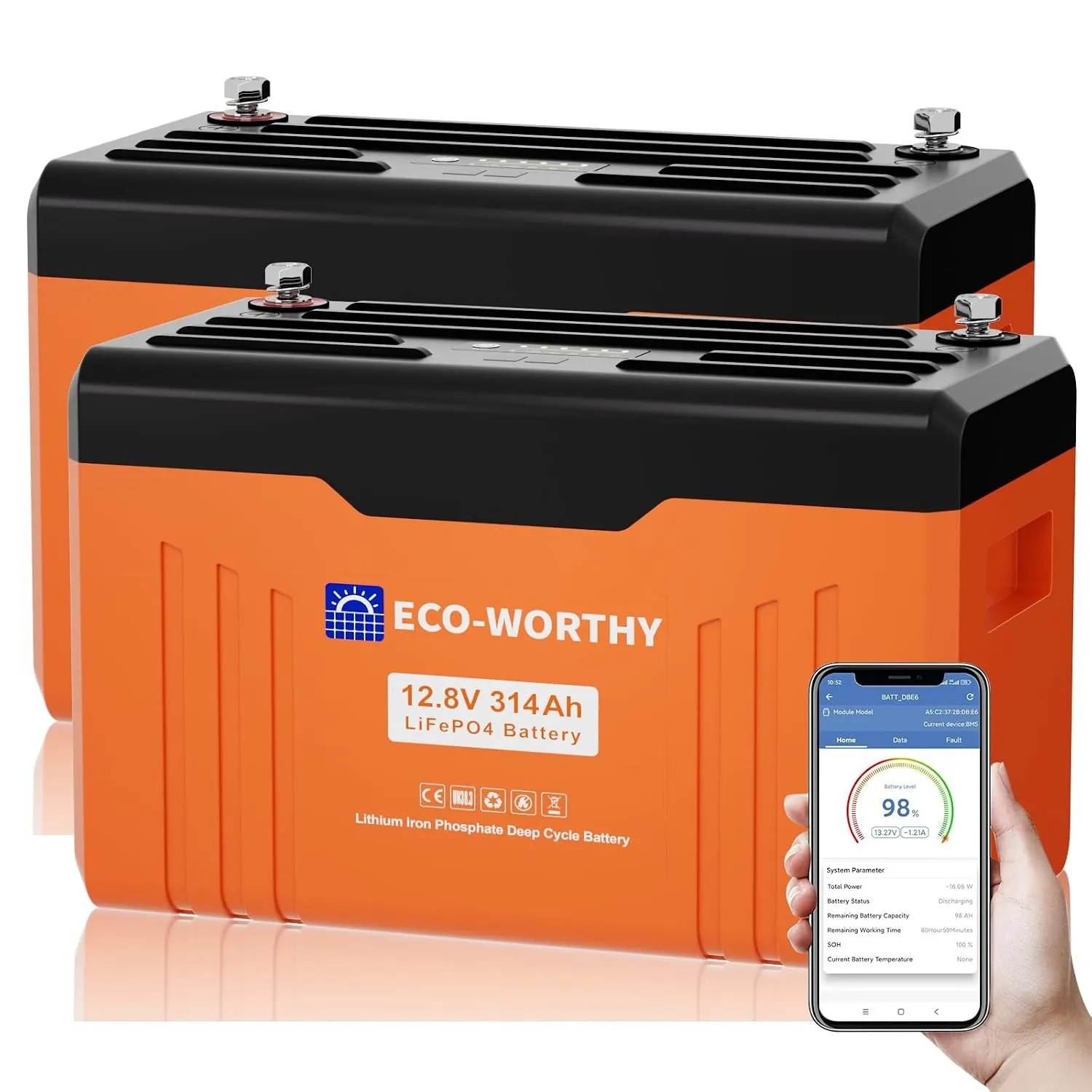 ECO-WORTHY LiFePO4 Bluetooth 2 * 12V 314Ah EnergyTrek mit Display Lithium Batterie mit 200A BMS Low Temperature Schutz …