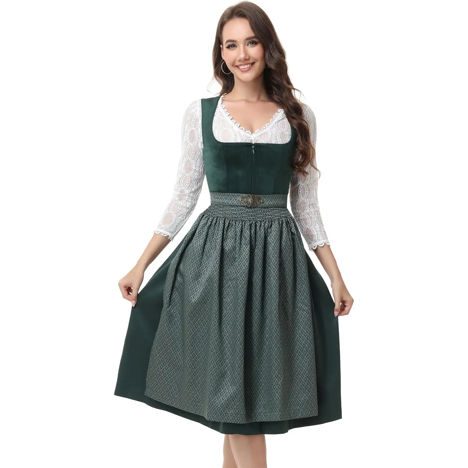 ELFIN Damen Midi Dirndl Samt Trachten Dirndlkleid Elegante Trachtenkleid für Oktoberfest inkl. Dirndlschürze Gr. 34-46