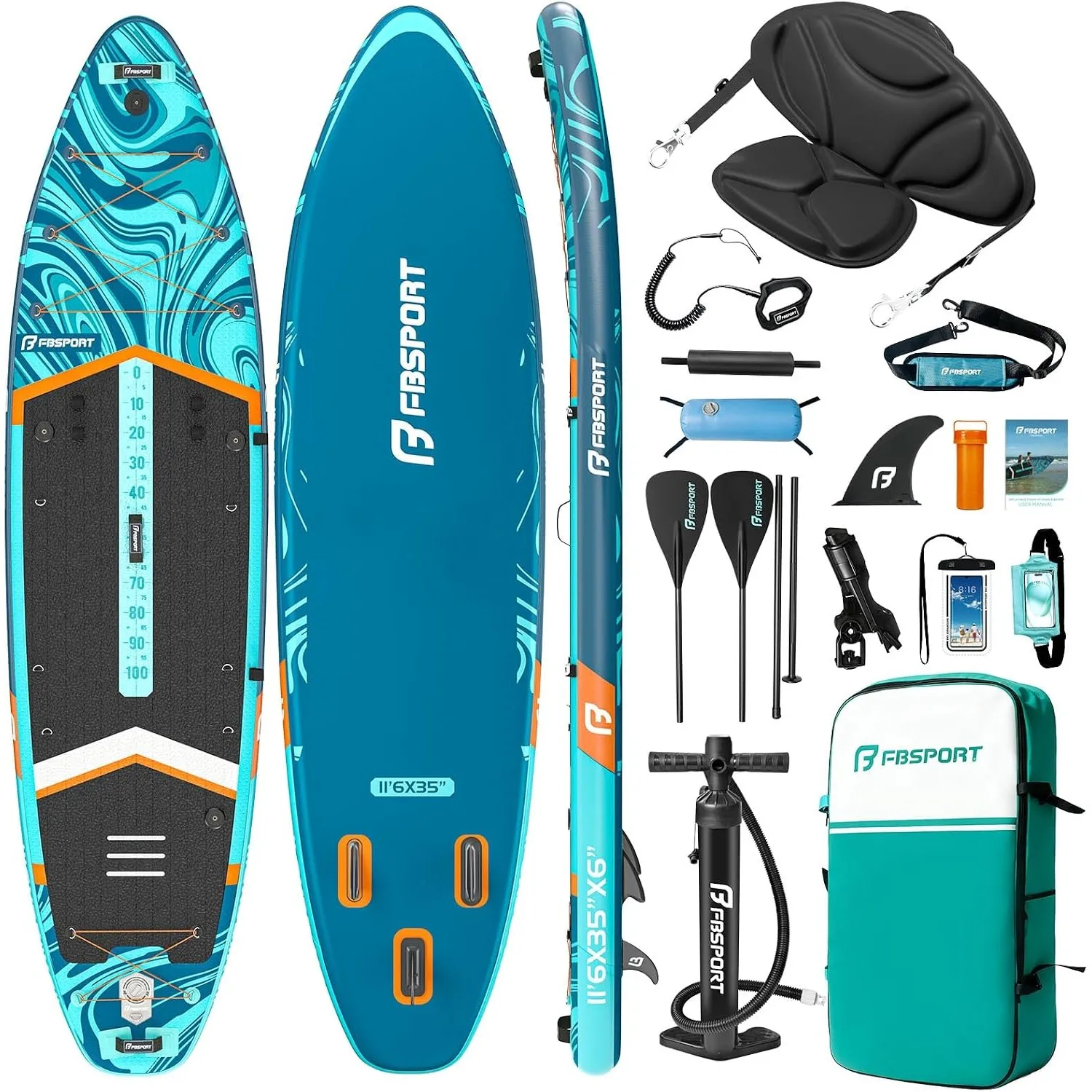 FBSPORT Aufblasbares SUP Board, Stand Up Paddling Board, Aufblasbare Stand Up Paddle Board für Stand-Up Paddling 15CM D…