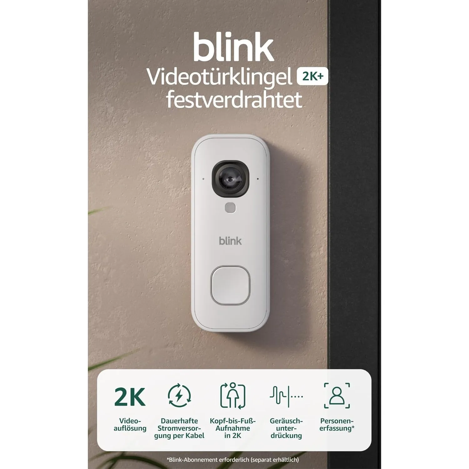 Blink Videotürklingel 2K+ (festverdrahtet, neueste Gen) + Blink Türgong | Kopf-bis-Fuß-Aufnahme in 2K | Immer am Strom …