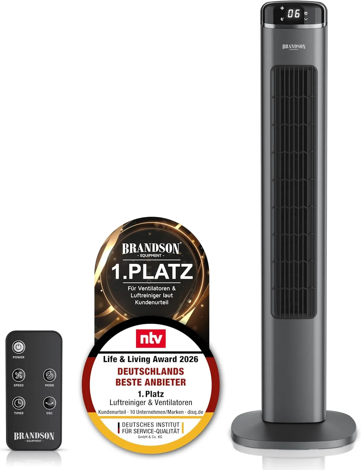 Brandson - Tower Fan with Remote Control - Sieger Fans and Air Cooler 2026 - Oscillation - Very Quiet - Night Mode - Na…
