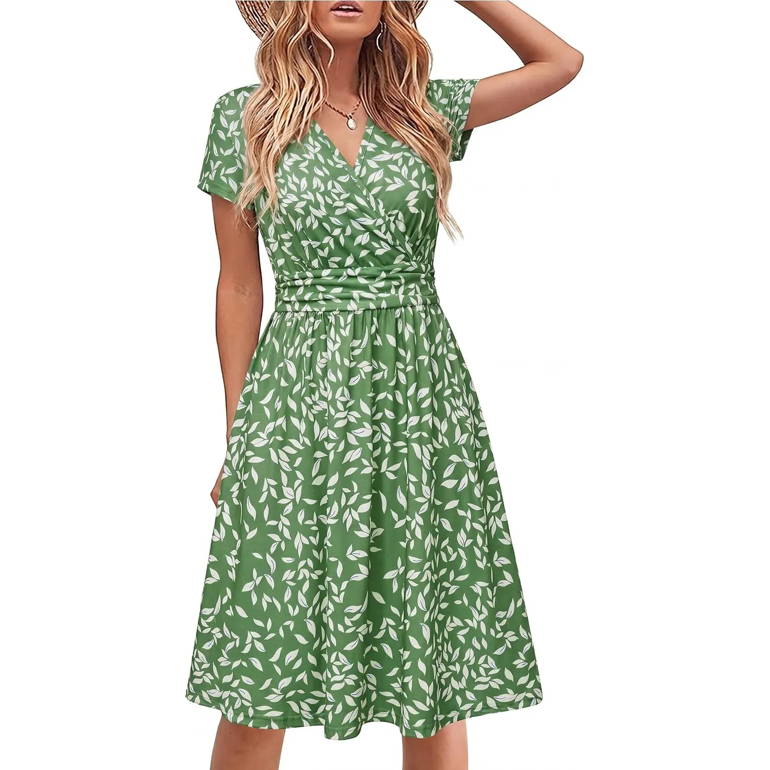 STYLEWORD Damen Sommerkleid Kurzarm V-Ausschnitt Kleider Blumenmuster Kleid Wickelkleid Mit Taschen