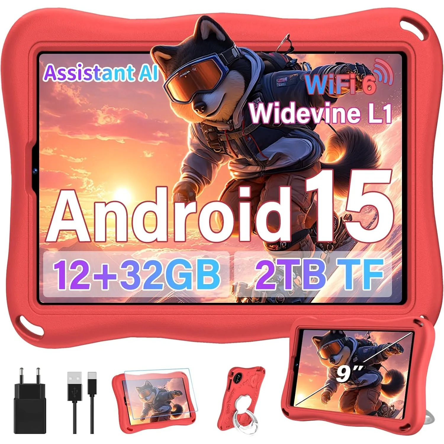 Kinder Tablet 9 Zoll, mit 32GB ROM + 2TB TF Android15 Face ID Eva Case Rot
