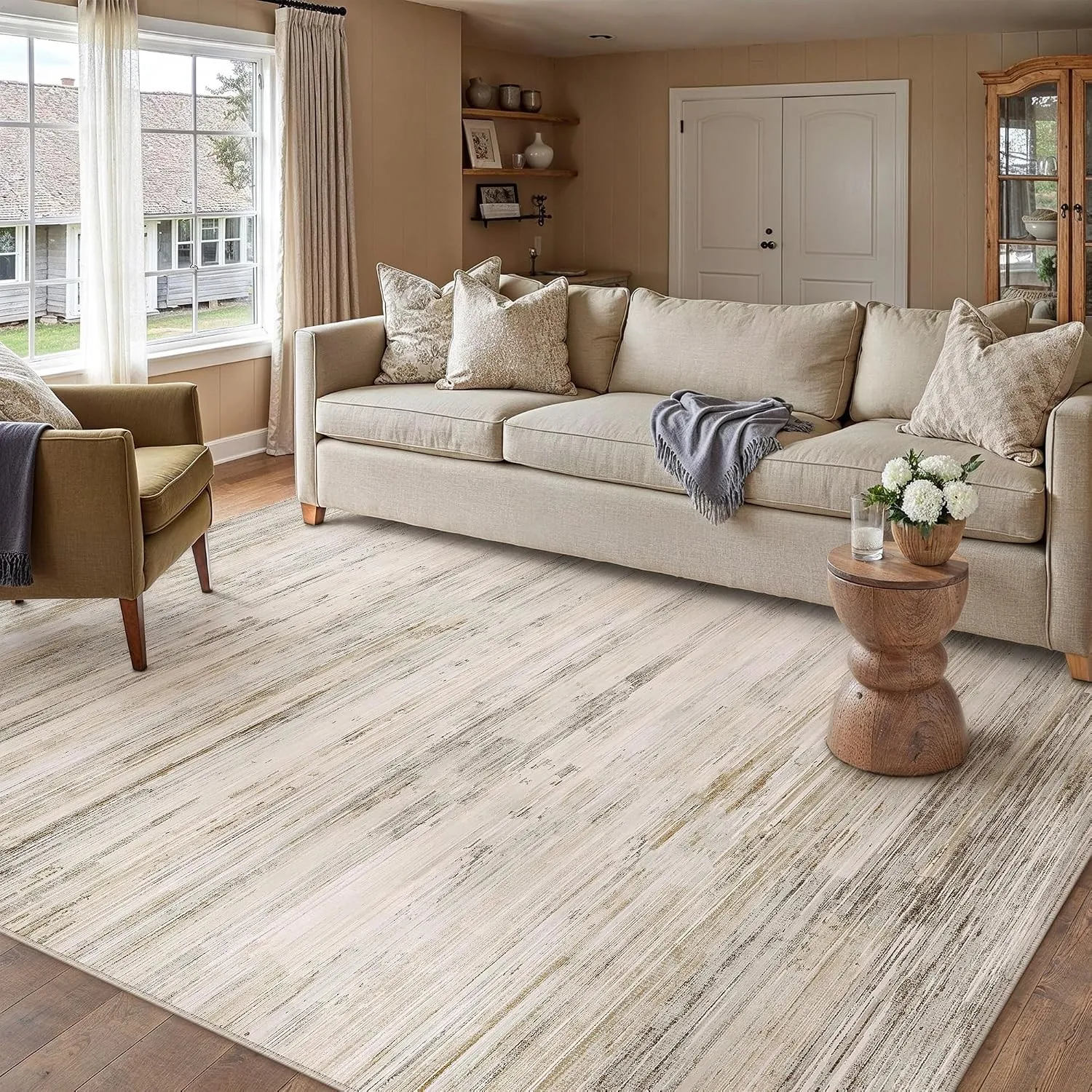 PureCozy Teppich Wohnzimmer 140x200cm Beige Waschbar Groß Carpet | Modern Abstrakter Teppich, Rutschfest, Waschbarer We…