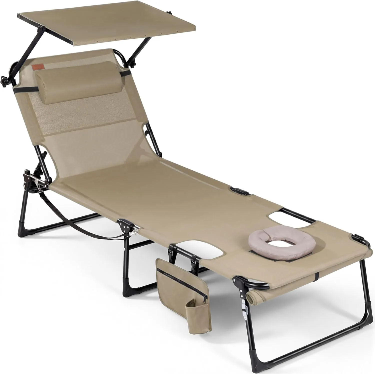 Homecall Sun Lounger with Face Opening and Sun Canopy, Folding Deck Chair, 4-Way Adjustable Backrest, Maximum Load 180 …