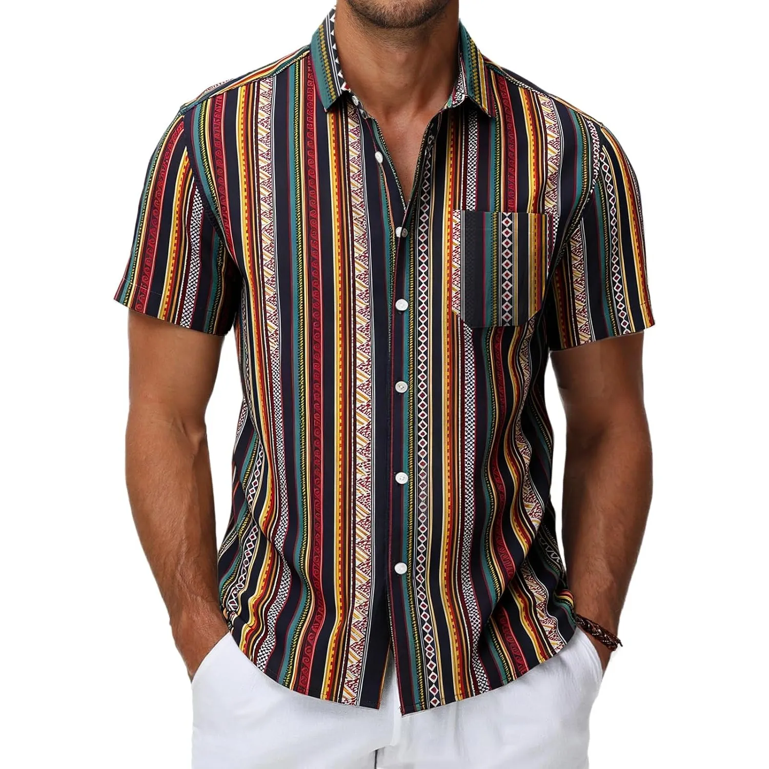 HMIYA Herren Hawaii Hemd Männer 100% Baumwolle Unisex Kurzarm Vordertasche Button Down Sommer Freizeit Urlaub Strand