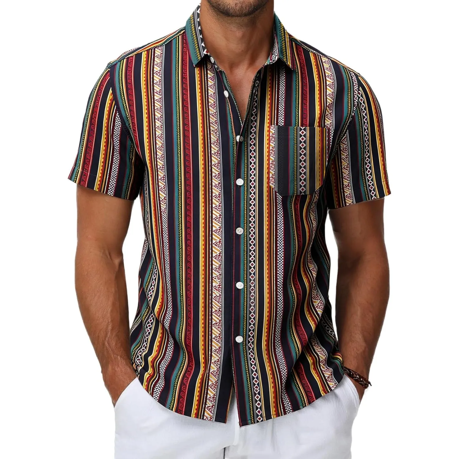 HMIYA Herren Hawaii Hemd Männer 100% Baumwolle Unisex Kurzarm Vordertasche Button Down Sommer Freizeit Urlaub Strand
