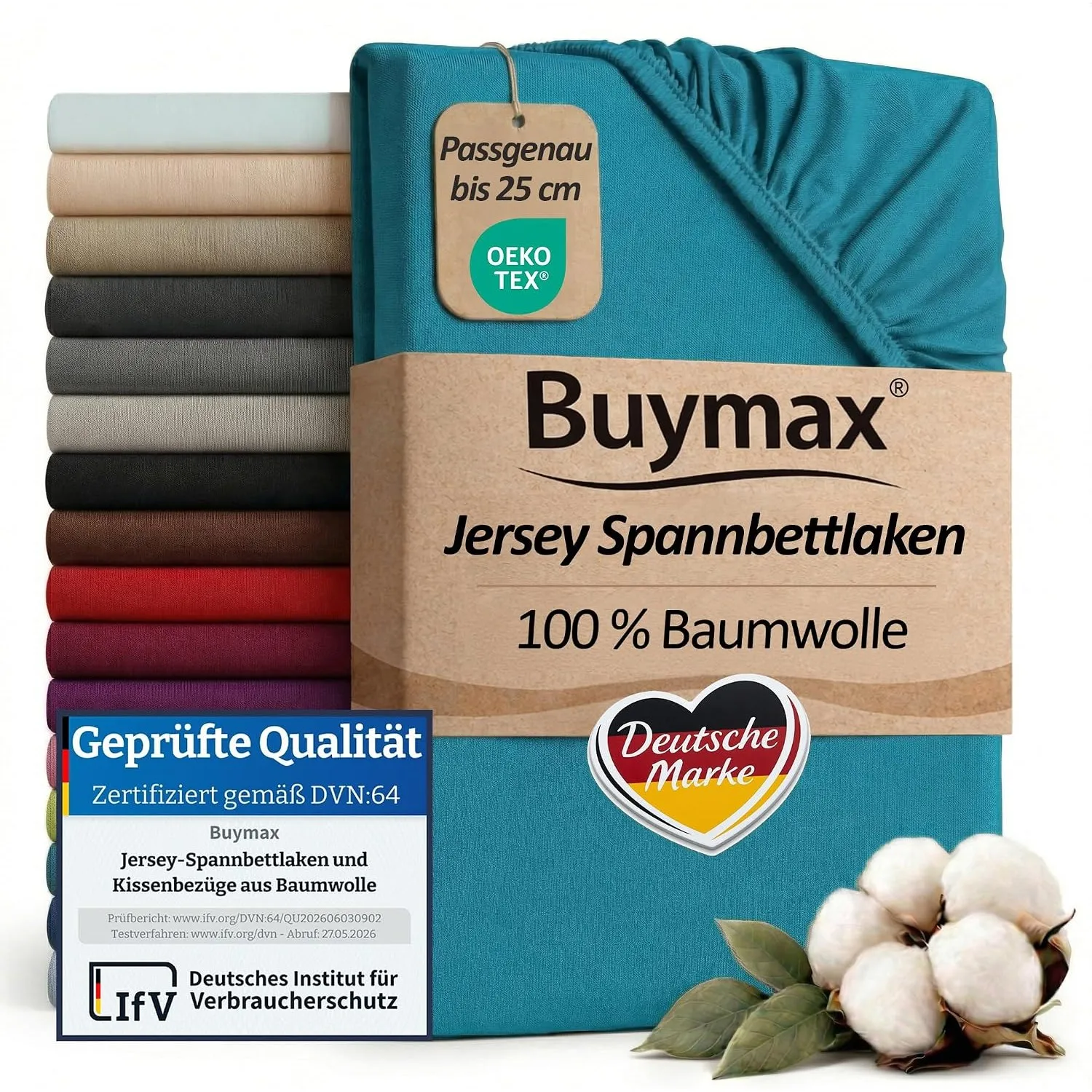 Buymax Spannbettlaken 180x200cm Baumwolle 100% Spannbetttuch Bettlaken Jersey, Matratzenhöhe bis 25 cm, Farbe Petrol