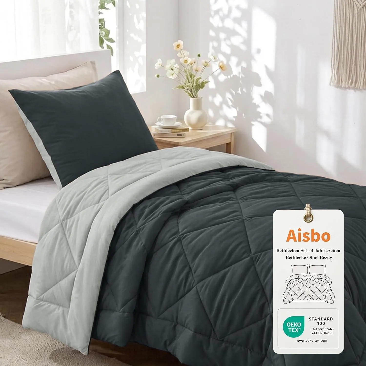 Aisbo Bettdecke ohne Bezug 155x220 Grau, 1 Bettdecke mit 1 Kissenbezug