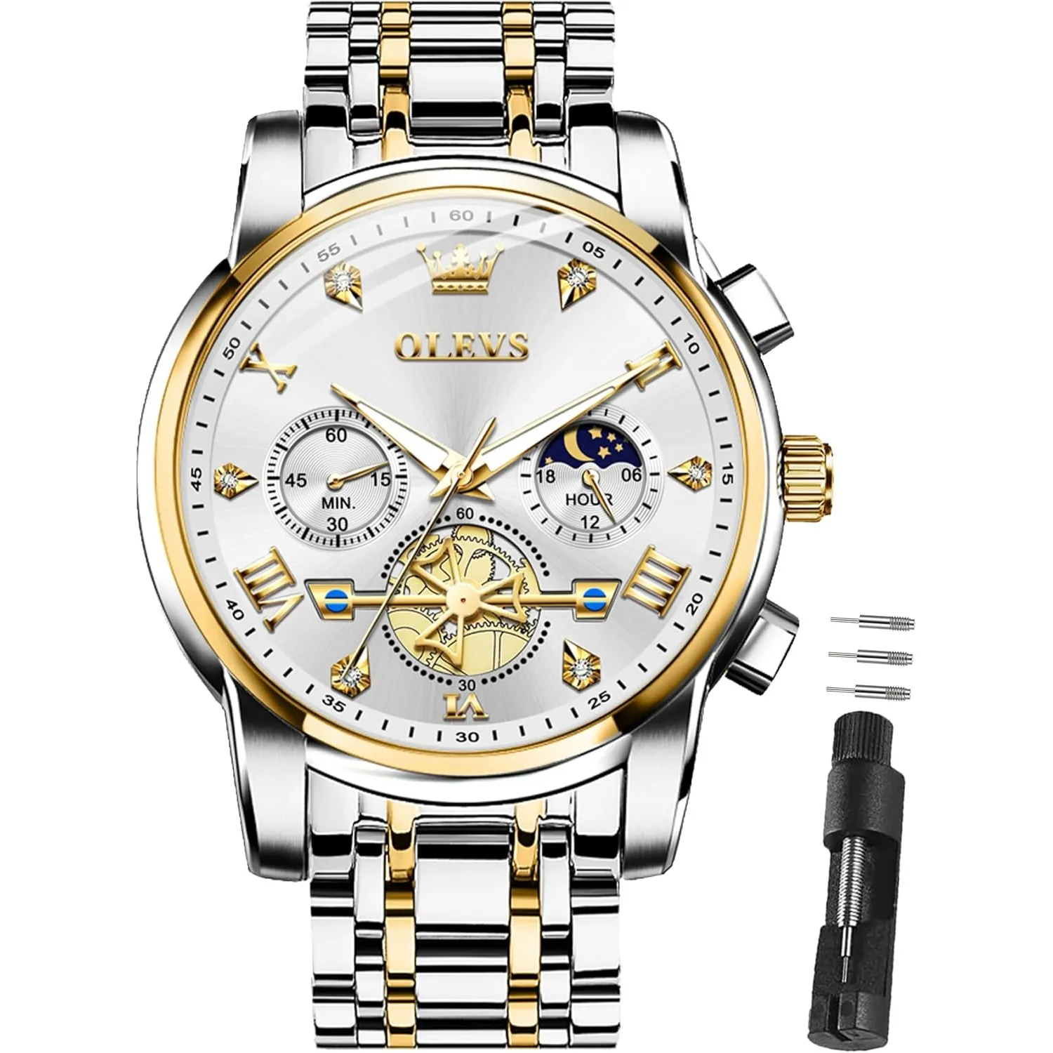 OLEVS Herren Uhren 3Bar Wasserdicht 42mm Große Quarz Luxus Edelstahlarmband