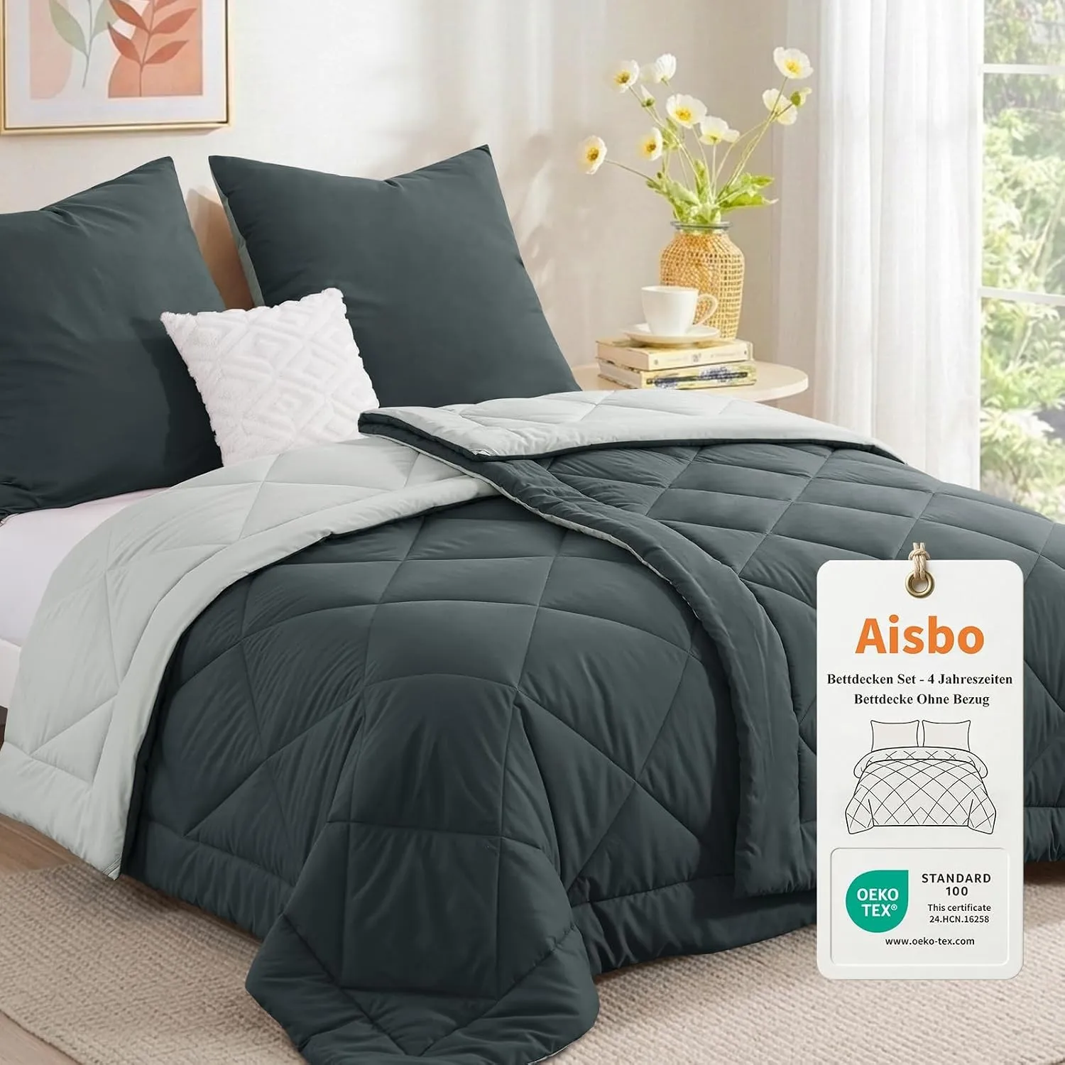 Aisbo Bettdecke ohne Bezug 135x200 Grau, 2 Bettdecken mit 2 Kissenbezügen