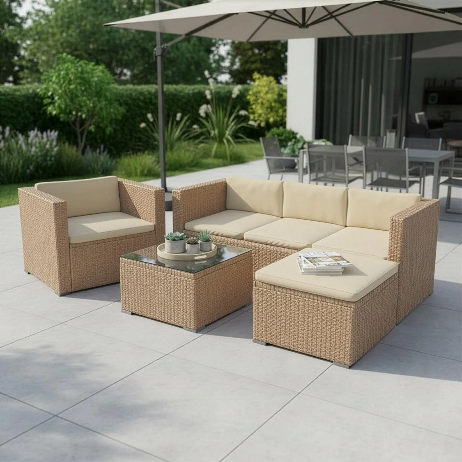 Juskys® Polyrattan Lounge Punta Cana L für 4-5 Personen mit 3er Sofa, Sessel, Hocker, Tisch & Kissen, Sitzgruppe für Ga…