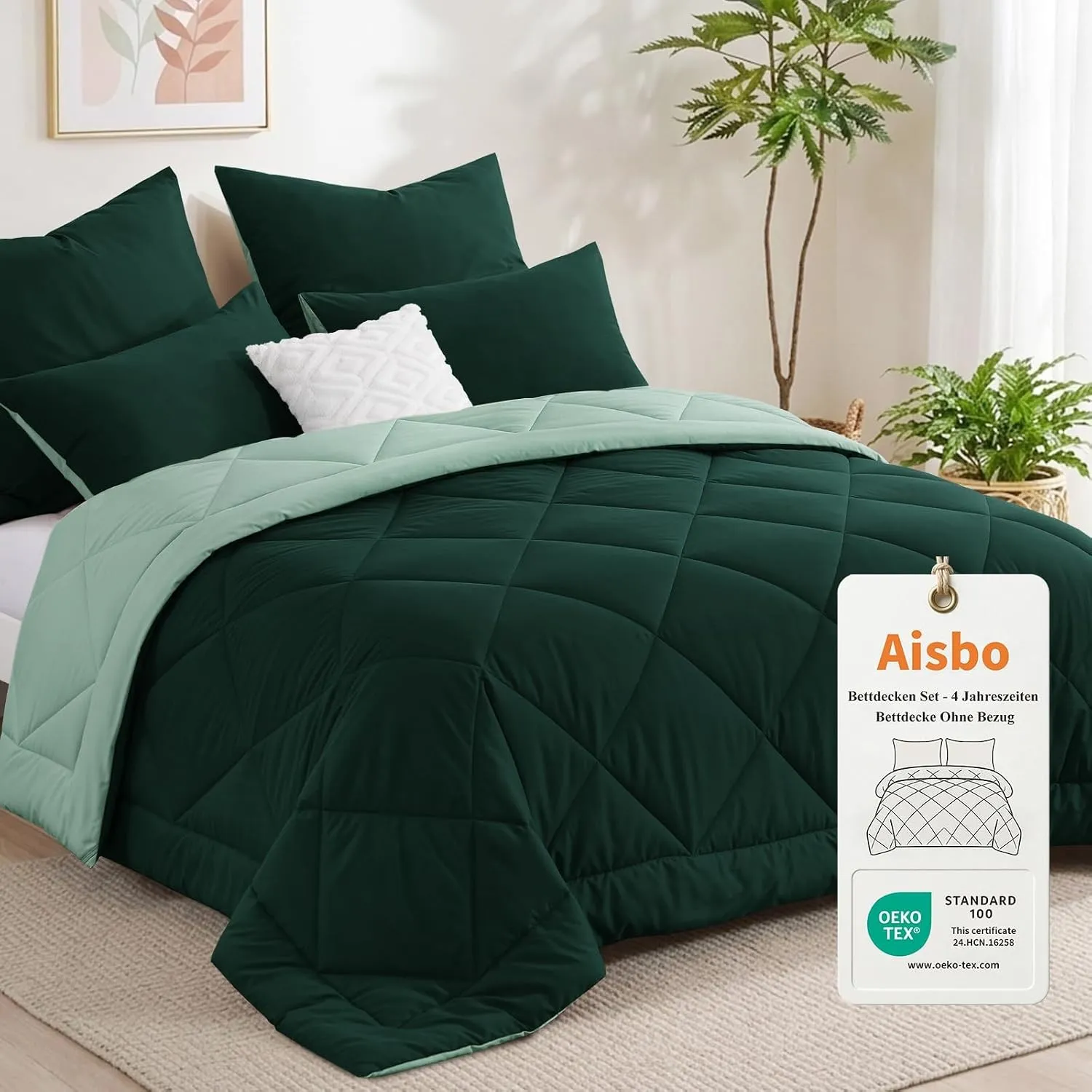 Aisbo Bettdecke ohne Bezug 200x220 Grün, 1 Bettdecke mit 2 Kissenbezügen