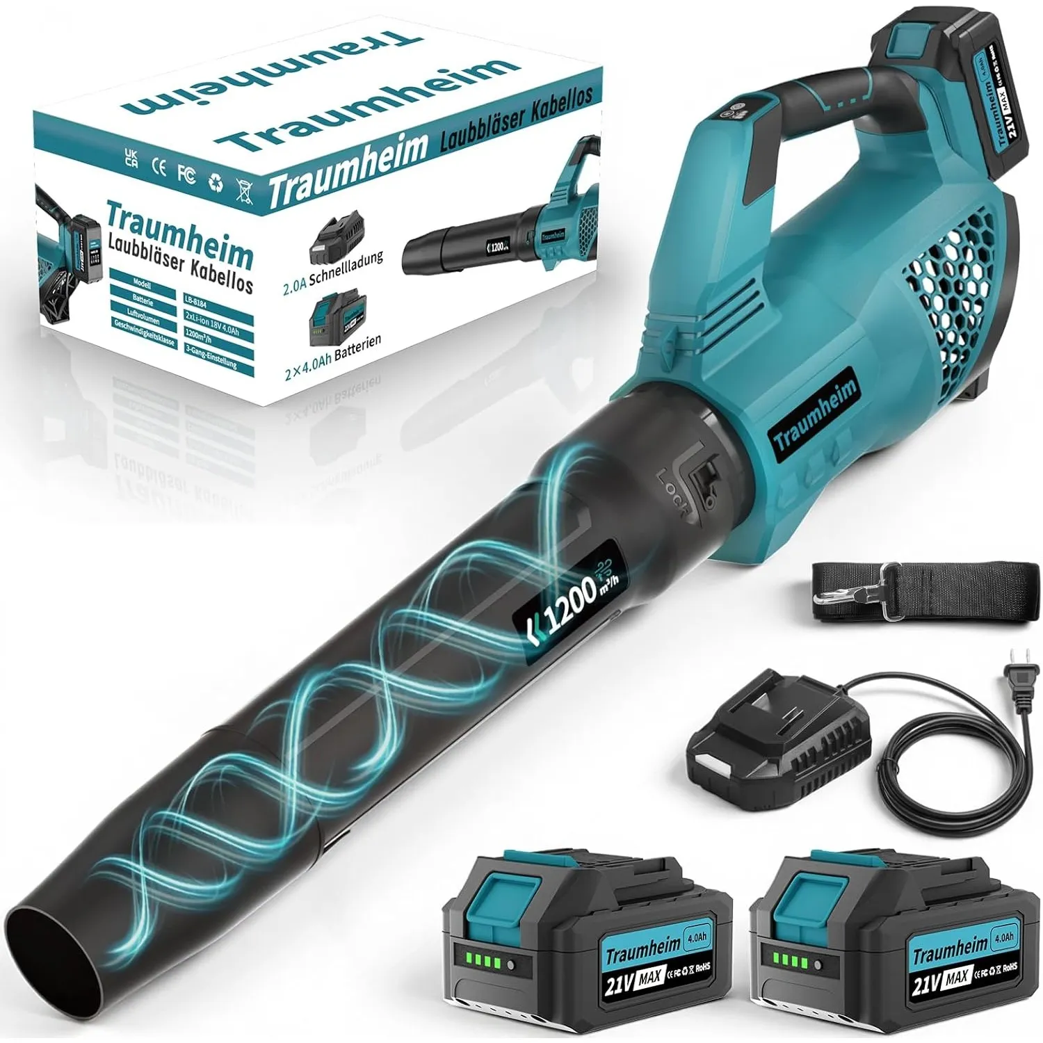 Akku Laubbläser, 3-Gang Kabelloser Elektrischer Laubbläser mit 2X 4.0Ah/21V Batterien, 1200m³/h Akkus Kabellos laubbläs…