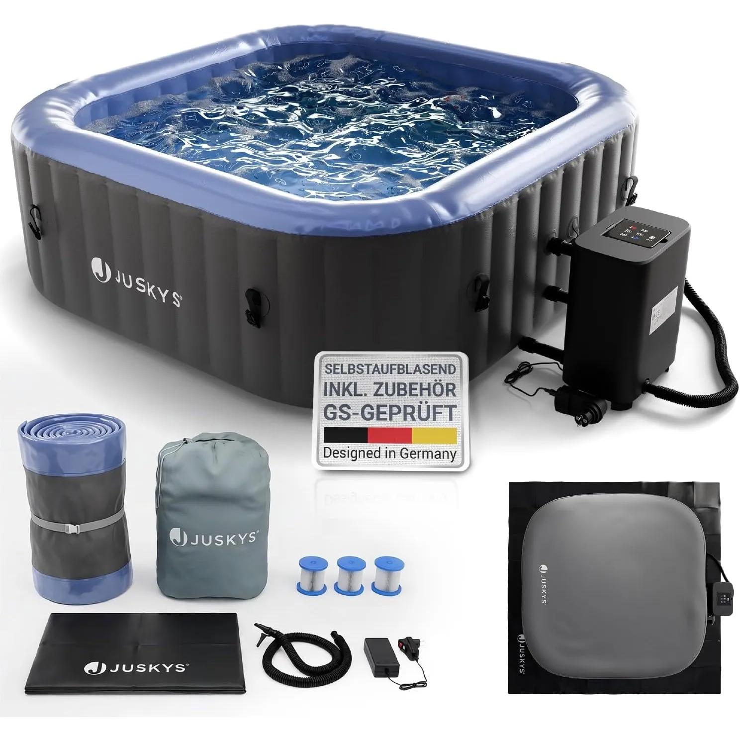 JUSKYS® Whirlpool SpaLuxe – Aufblasbar, Outdoor & Winterfest, 130 Sprudeldüsen, 3000W, PVC laminiert, Grau/Blau